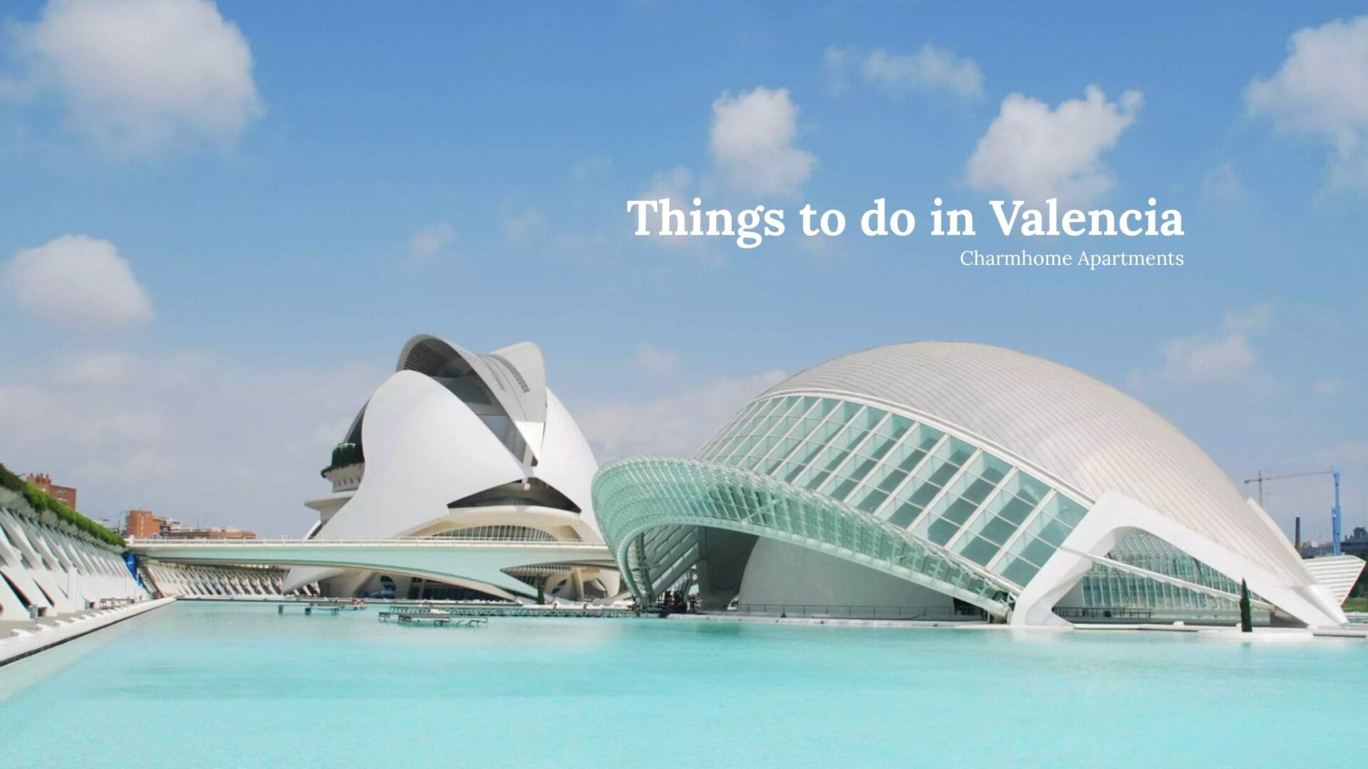 City of Arts and Sciences Valencia at day, reflecting on the water – iconic view of modern Valencia